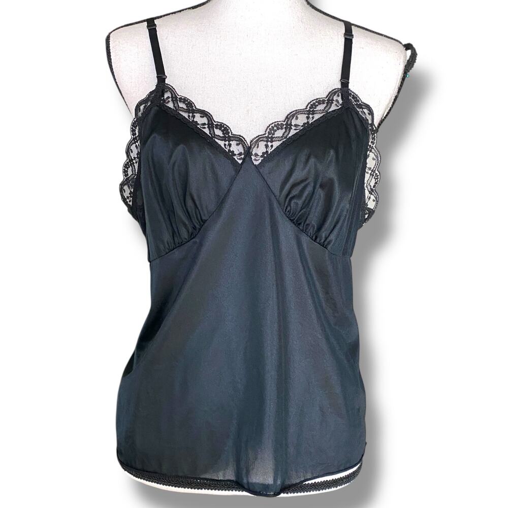 Vntg Deena of California Lace Trim Intimates Cami Top Sz L Black Semi Sheer USA
